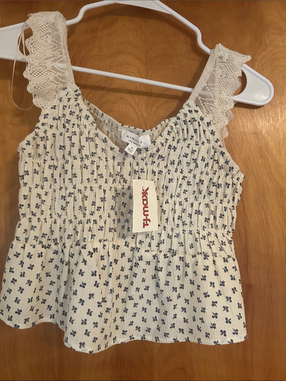 Cream Floral Lace-Trim Smocked Tank Top